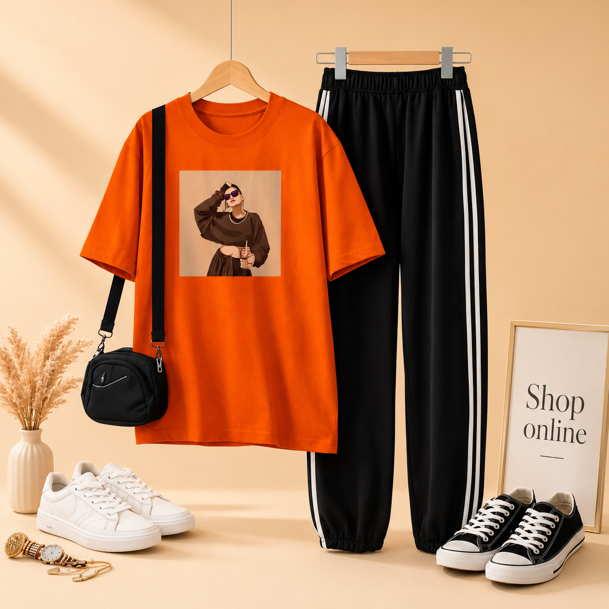 NECKLACE GIRL RED T-SHIRT WITH THREE STRIPE TROUSERS