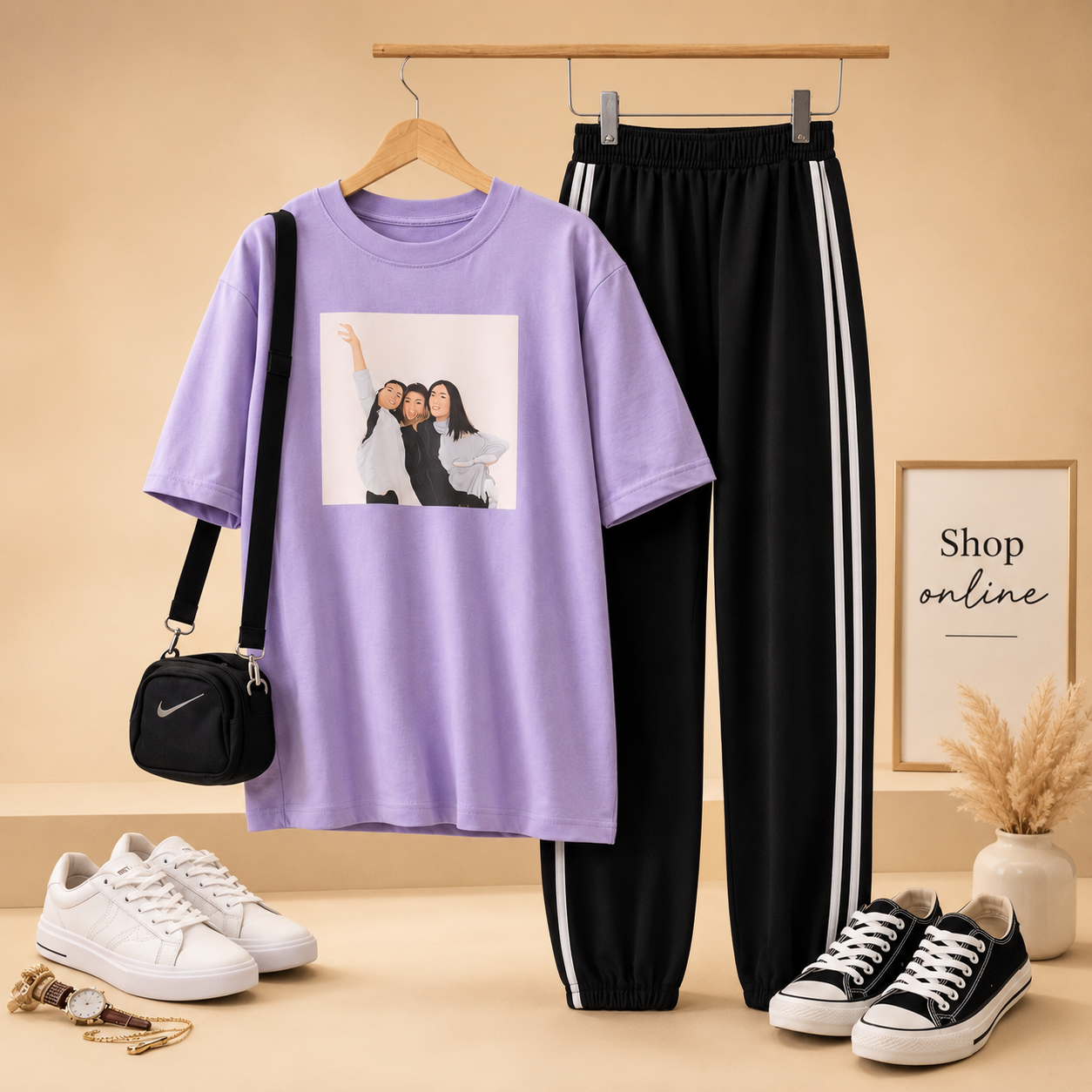 THREE GIRLS LILAC T-SHIRT WITH THREE STRIPE TROUSERS