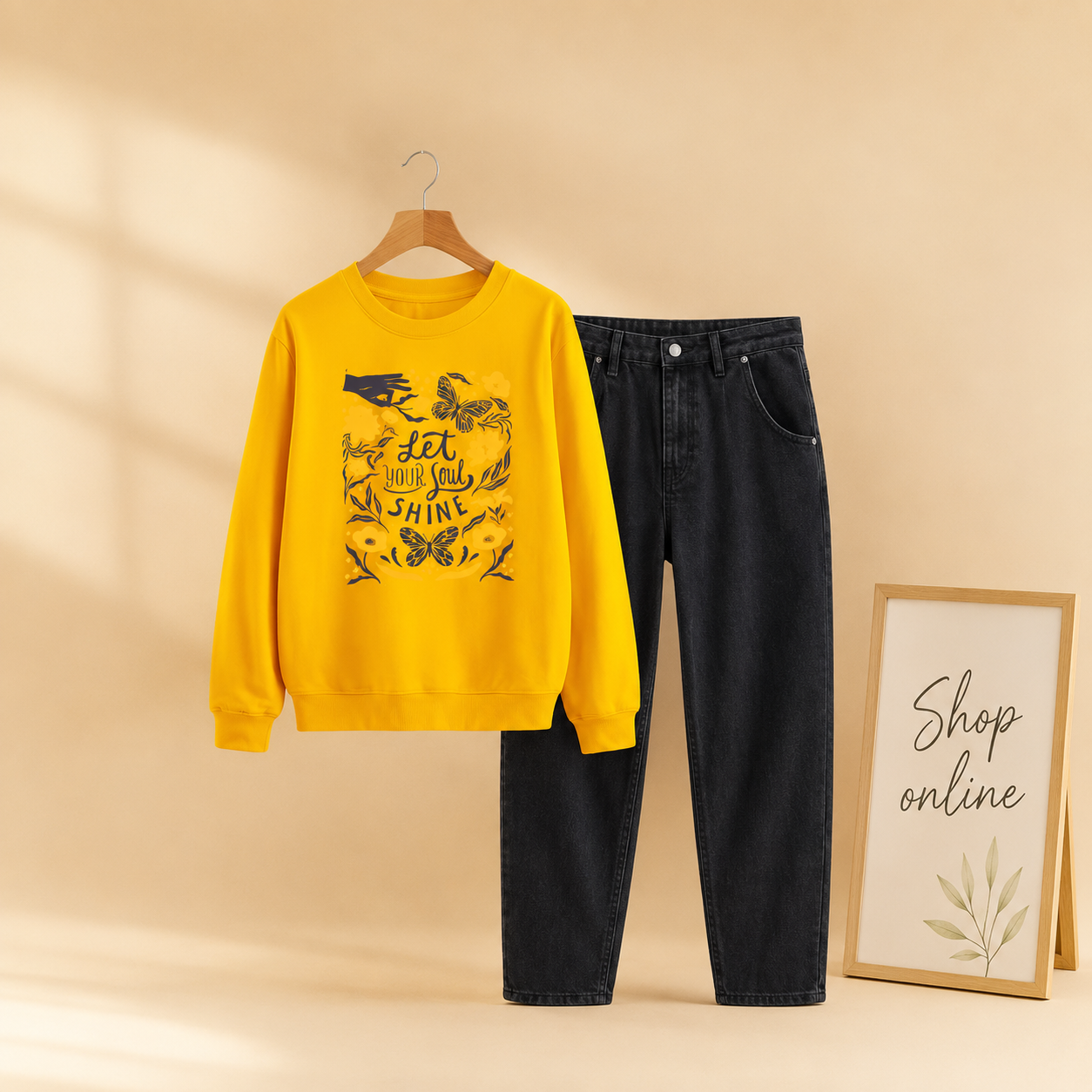 MUSTARD LET YOUR SOUL SWEATSHIRT WITH BLACK MOM JEANS