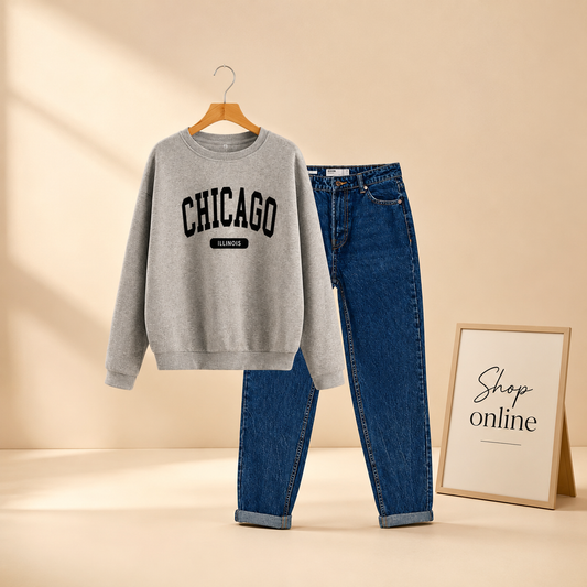 GREY CHICAGO SWEATSHIRT WITH MID BLUE MOM JEANS