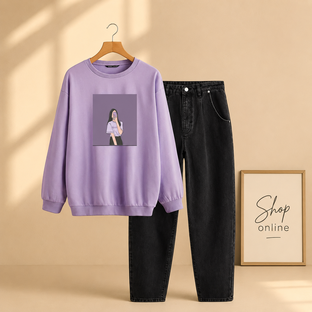 LILAC SWEATSHIRT PURPLE BACKGROUND GIRL WITH BLACK MOM JEANS