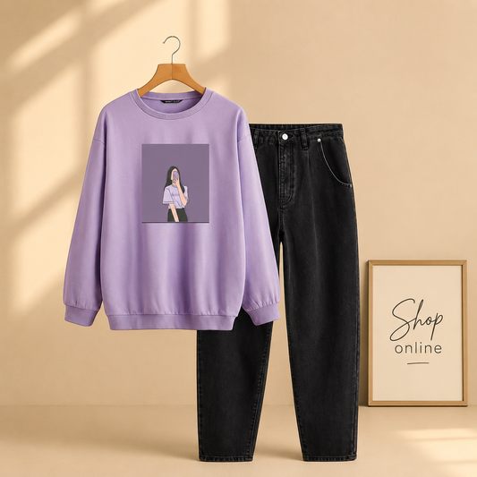 LILAC SWEATSHIRT PURPLE BACKGROUND GIRL WITH BLACK MOM JEANS