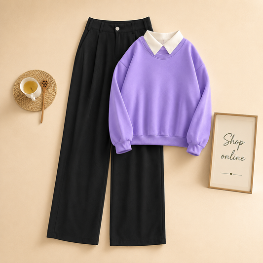 LILAC COLLAR SWEATSHIRT BLACK WIDE LEG JEANS
