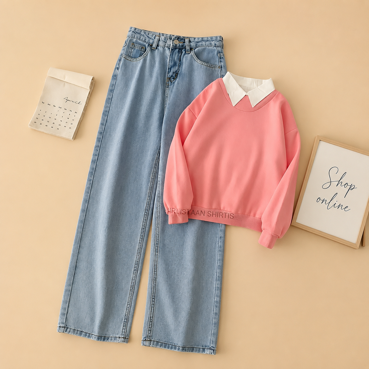 PINK COLLAR SWEATSHIRT WITH ICE BLUE WIDE LEG