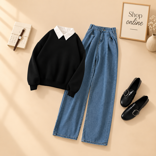 BLACK COLLAR SWEATSHIRT WITH MID BLUE JEANS