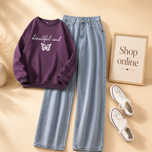 BEAUTIFUL SOUL BUTTERFLY PURPLE SWEATSHIRT WITH ICE BLUE WIDE LEG JEANS