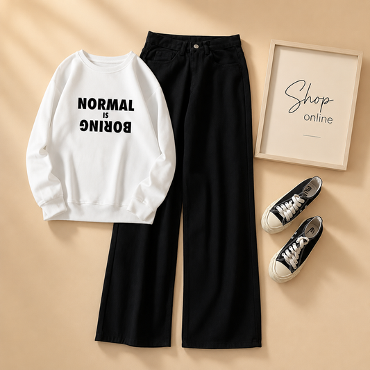 NORMAL IS BORING WHITE SWEATSHIRT WITH BLACK WIDE LEG JEANS