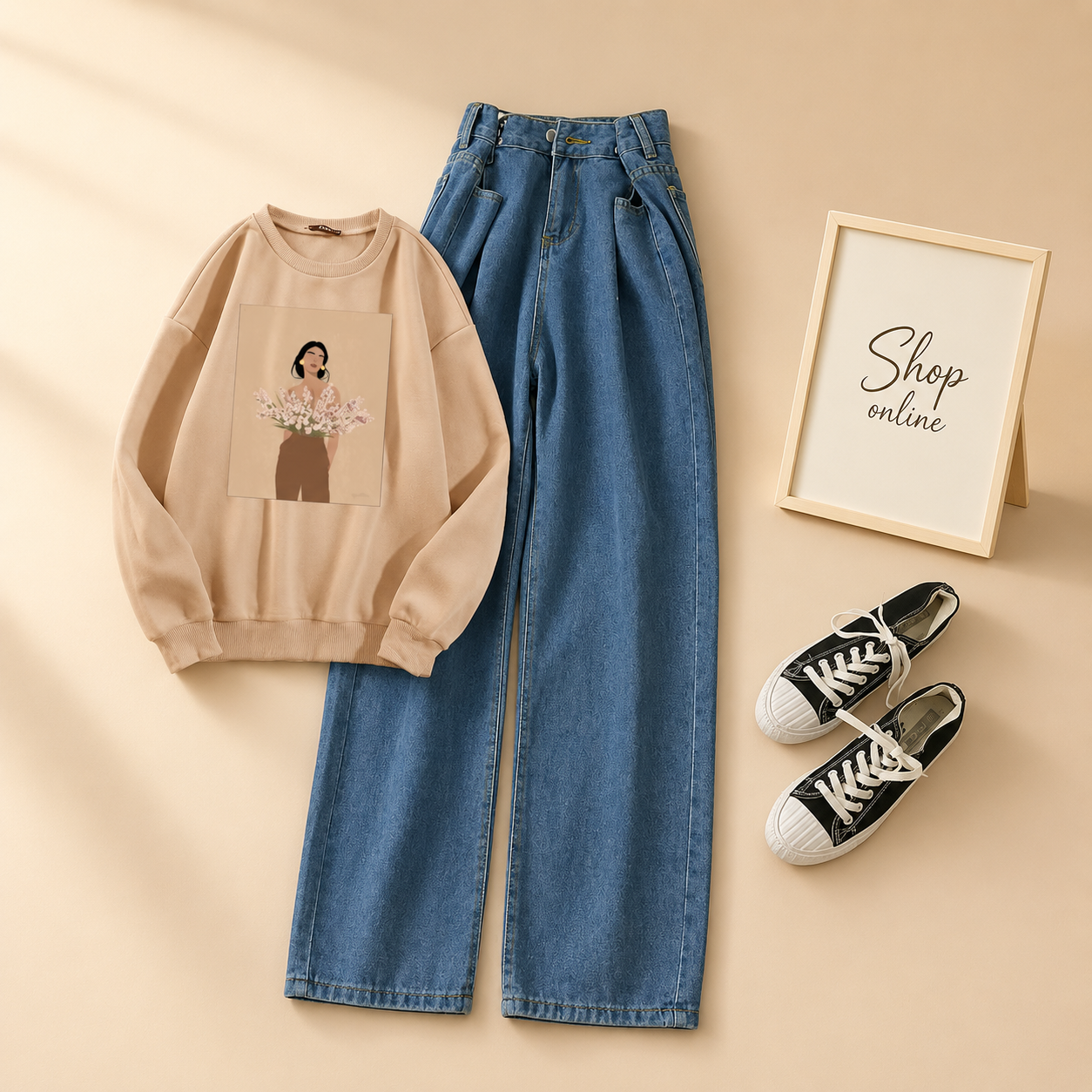 FLOWER GIRL SKIN SWEATSHIRT WITH MID BLUE WIDE LEG JEANS