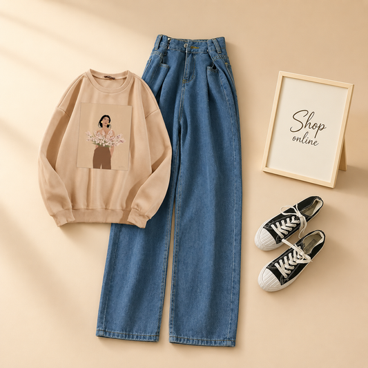 FLOWER GIRL SKIN SWEATSHIRT WITH MID BLUE WIDE LEG JEANS
