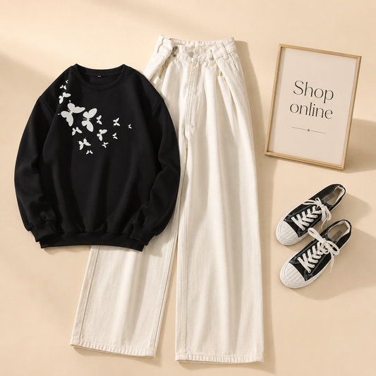 SHOULDER BUTTERFLY BLACK SWEATSHIRT WITH WHITE WIDE LEG JEANS