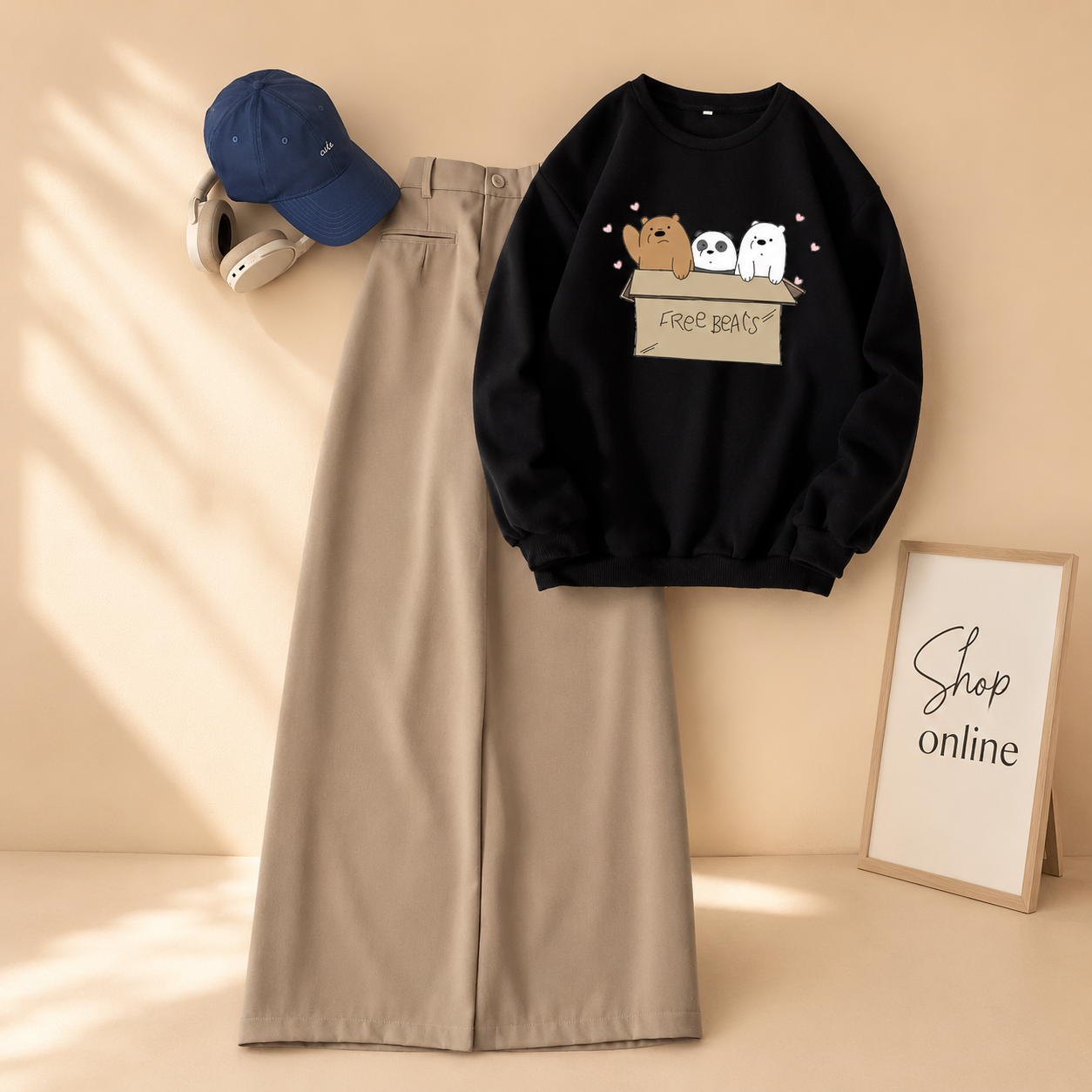 FREE BEAR BLACK SWEATSHIRT WITH BEIGE WIDE LEG JEANS