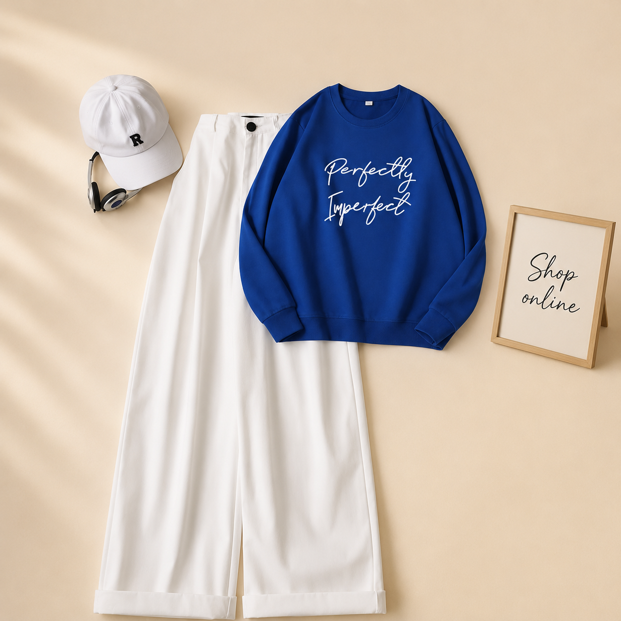 PERFECTLY IMPERFECT ROYAL BLUE SWEATSHIRT WITH WHITE WIDE LEG JEANS