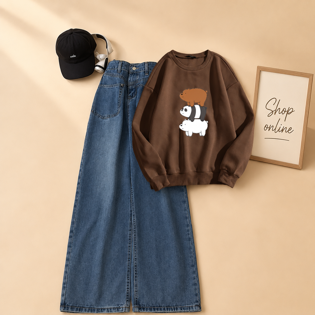 PANDA OVER PANDA BROWN SWEATSHIRT WITH MID BLUE WIDE LEG JEANS