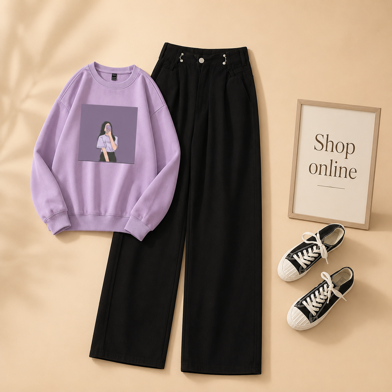 PURPLE BACKGROUND LILAC SWEATSHIRT WITH BLACK WIDE LEG