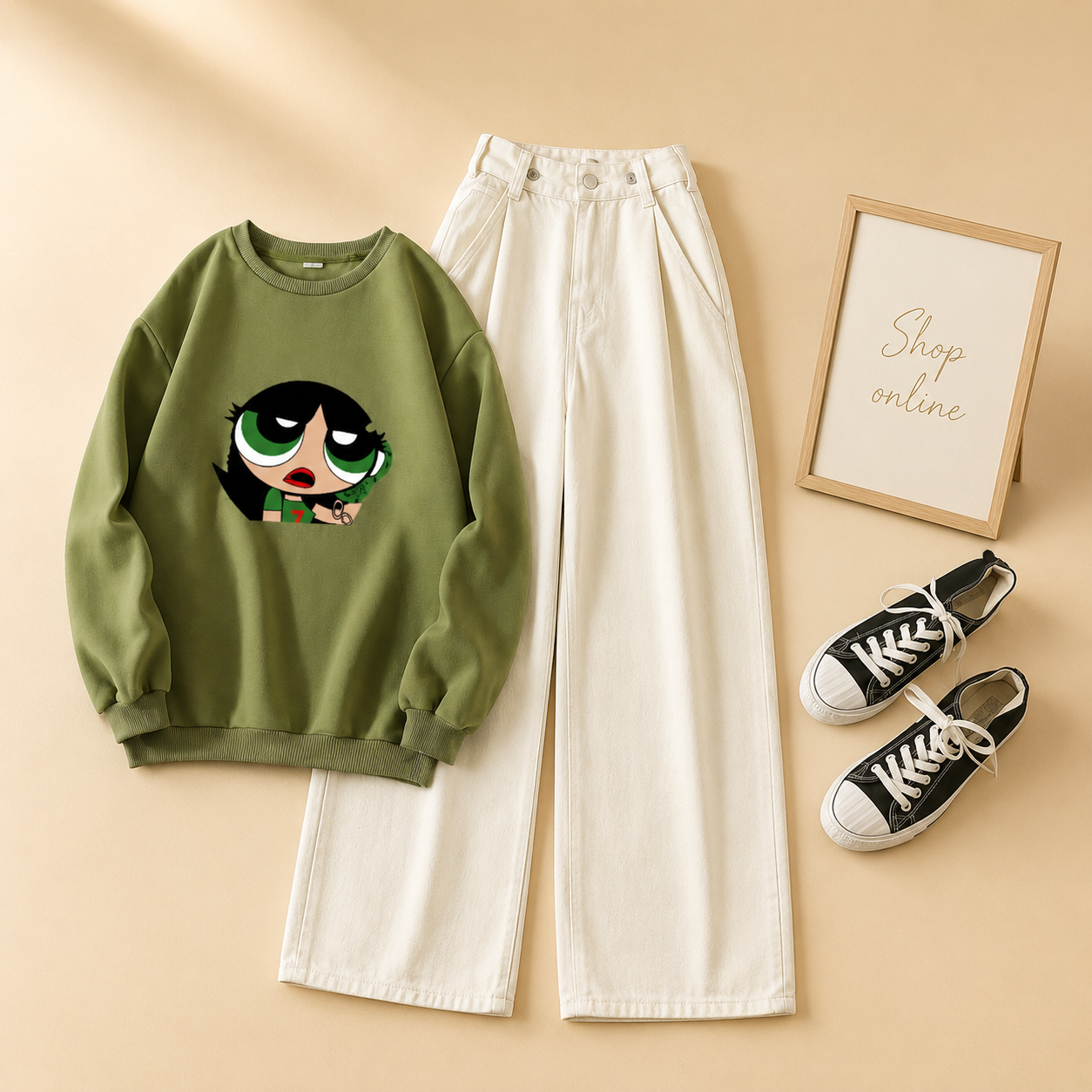 OLIVE GREEN SWEATSHIRT GREEN BUTTERCUP WITH WHITE WIDE LEG JEANS