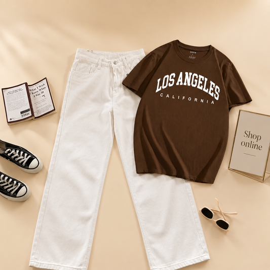 LOS ANGELES DARK BROWN TSHIRT WITH WHITE  WIDE LEG JEANS