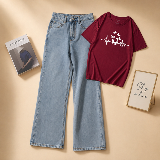 BUTTERFLY HEART VEIN MAROON TSHIRT WITH ICY MID  WIDE LEG JEANS