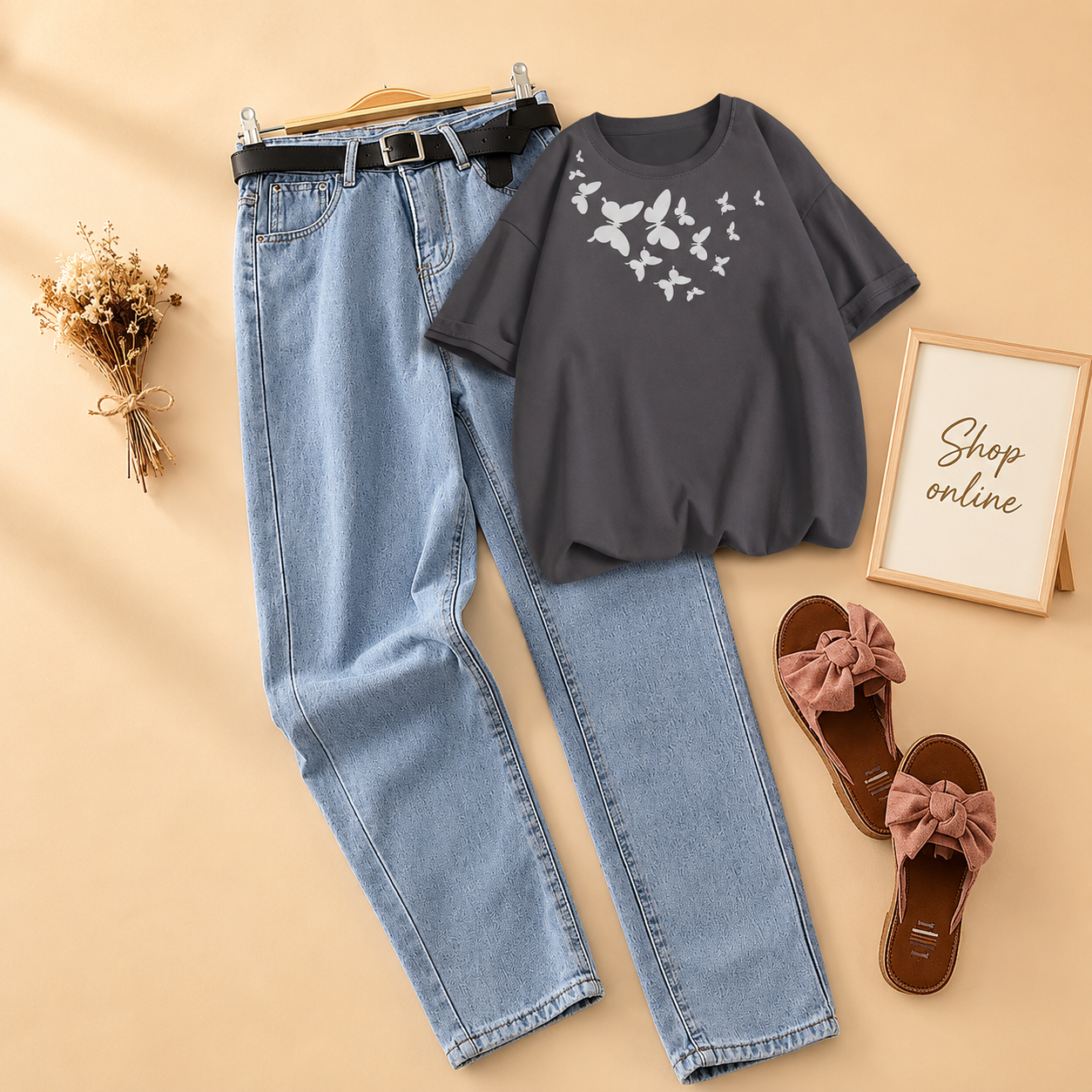 SHOULDER BUTTERFLY STEEL GREY TSHIRT WITH ICE BLUE MOM JEANS