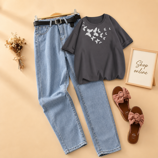 SHOULDER BUTTERFLY STEEL GREY TSHIRT WITH ICE BLUE MOM JEANS