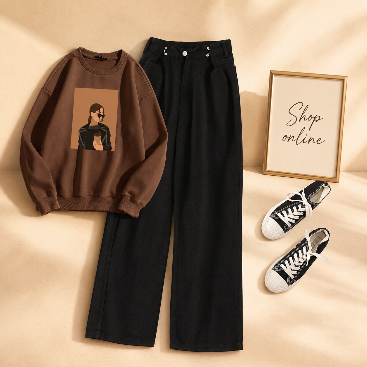 COFEE GIRL BROWN SWEATSHIRT WITH BLACK WIDE LEG JEANS