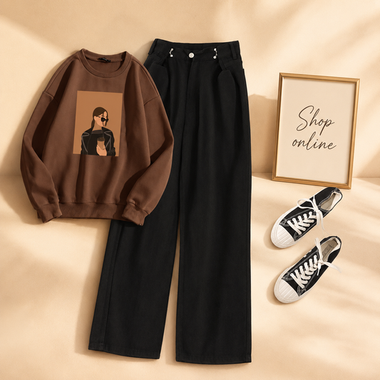 COFEE GIRL BROWN SWEATSHIRT WITH BLACK WIDE LEG JEANS