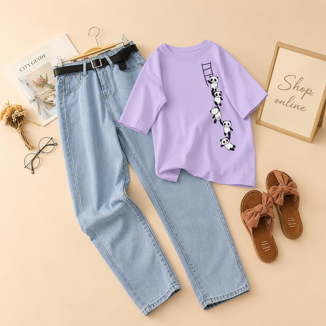 PANDA LADDER LILAC TSHIRT WITH ICE BLUE MOM JEANS