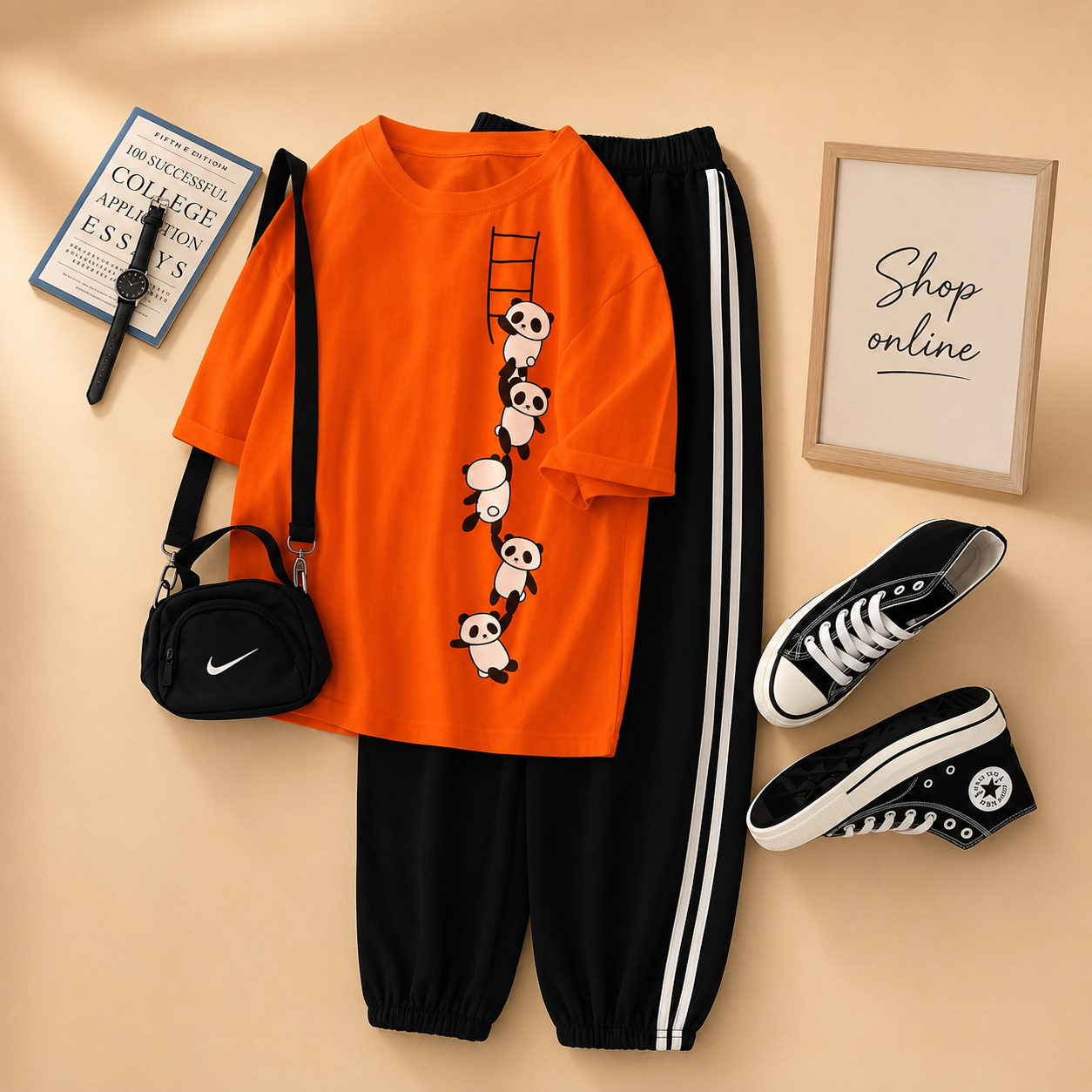 PANDA LADDER RED T-SHIRT WITH THREE STRIPE TROUSER