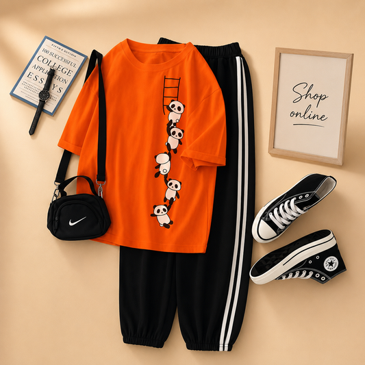 PANDA LADDER RED T-SHIRT WITH THREE STRIPE TROUSER