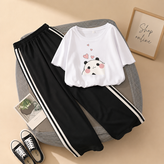 MITHI PANDA WHITE T-SHIRT WITH THREE STRIPE TROUSER