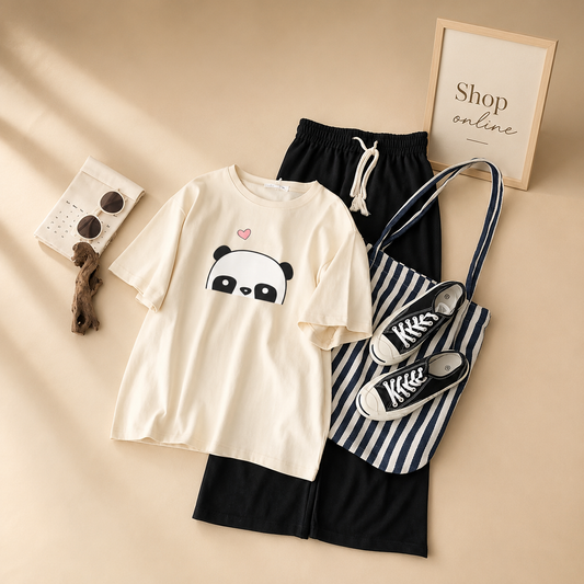 HALF PANDA LIGHT CREAM T-SHIRT WITH FLAPPER