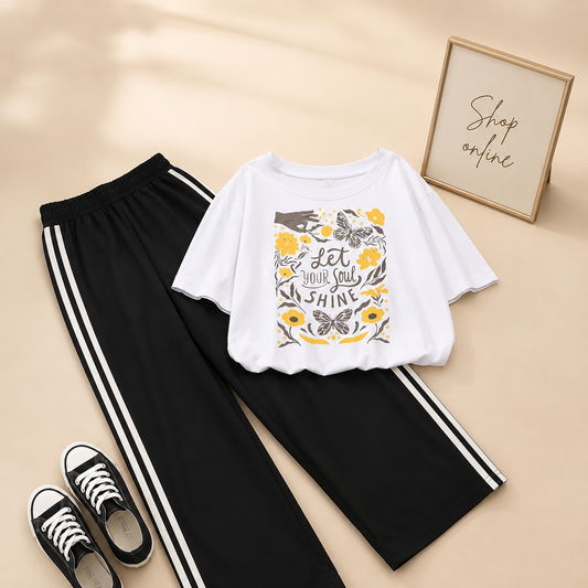 LET YOUR SOUL SHINE WHITE T-SHIRT WITH THREE STRIPE TROUSERS