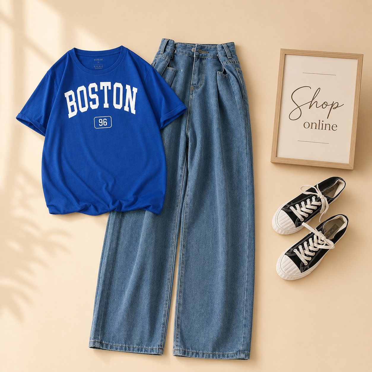 BOSTON  ROYAL BLUE TSHIRT WITH MID BLUE  WIDE LEG JEANS