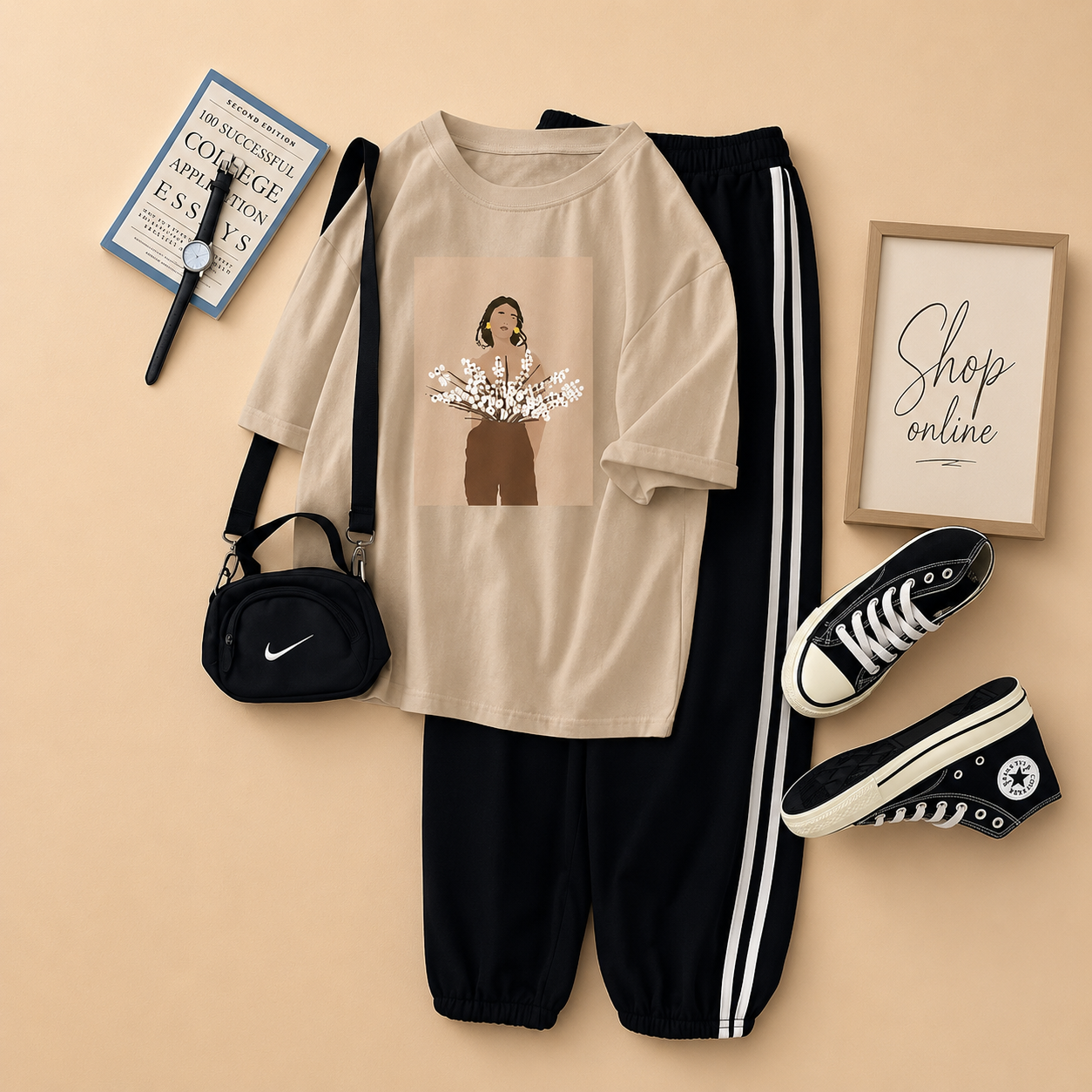FLOWER GIRL CREAM TSHIRT WITH THREE STRIPE TROUSER