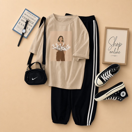 FLOWER GIRL CREAM TSHIRT WITH THREE STRIPE TROUSER