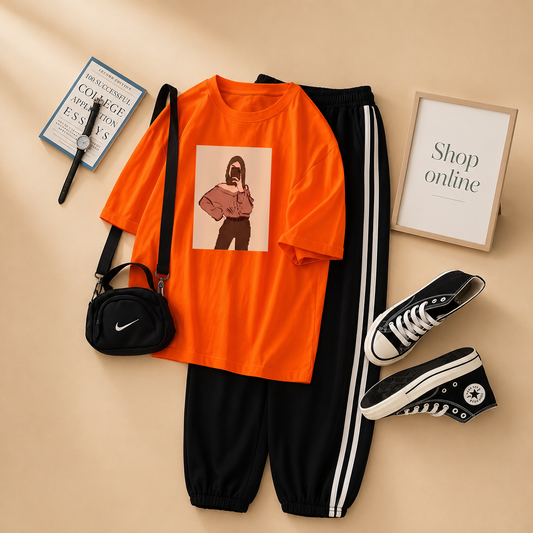 OFF SHOULDER GIRL RED TSHIRT WITH THREE STRIPE TROUSER