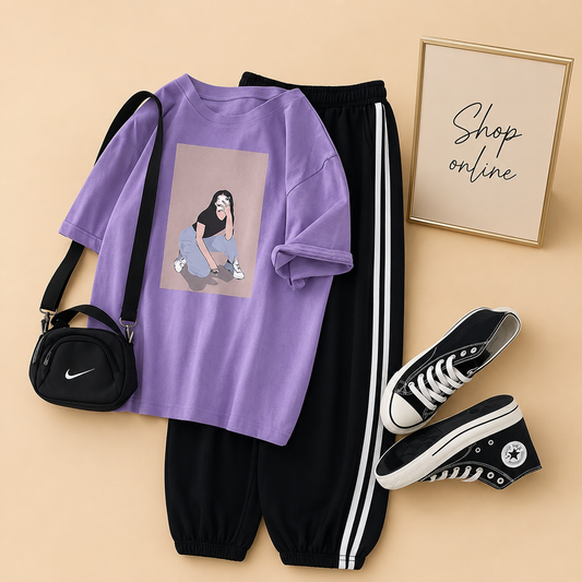 CAMERA SITTING GIRL LILAC TSHIRT WITH THREE STRIPE TROUSER