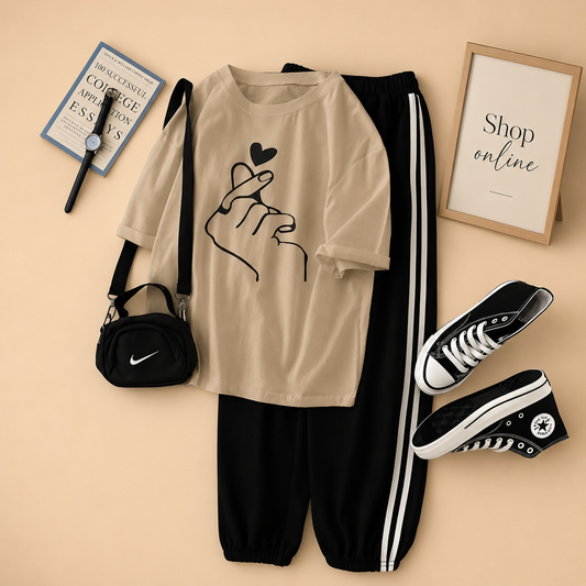 LOVE CHARM CREAM T-SHIRT WITH THREE STRIPE TROUSER