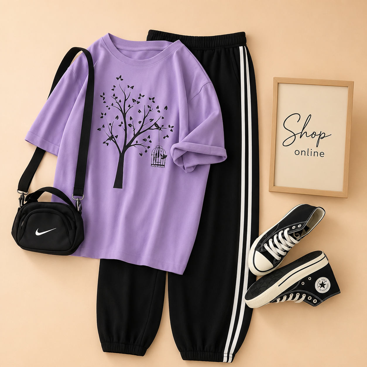NEW TREE LILAC T-SHIRT WITH THREE STRIPE TROUSER