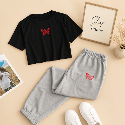 RED BUTTERFLY POCKET SIZE IN CENTRE BLACK CROP TSHIRT WITH GREY TROUSER RED BUTTERFLY POCKET