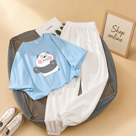 BLUSHING  PANDA SKY BLUE TSHIRT WITH WHITE TROUSER