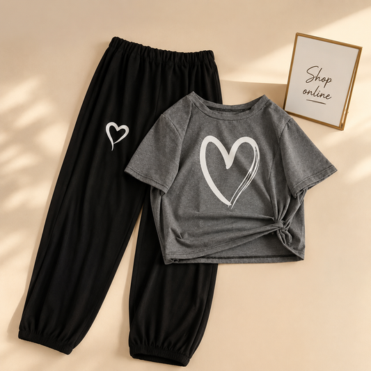 SHREDED HEART CHARCOAL TSHIRT WITH BLACK TROUSER ( SHREDED HEART POCKET)
