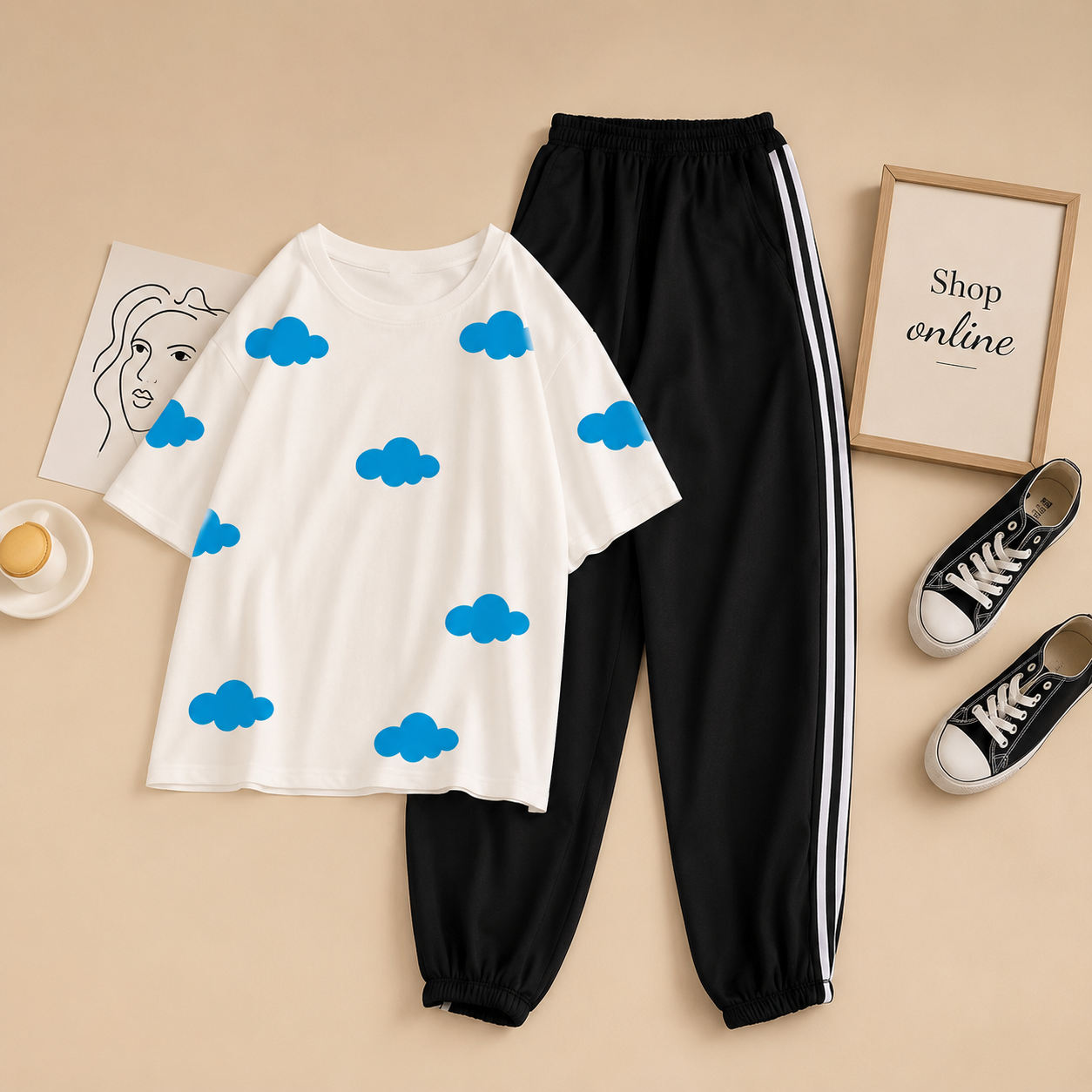 BLUE CLOUDS ALL OVER  WHITE TSHIRT WITH THREE STRIPE TROUSER