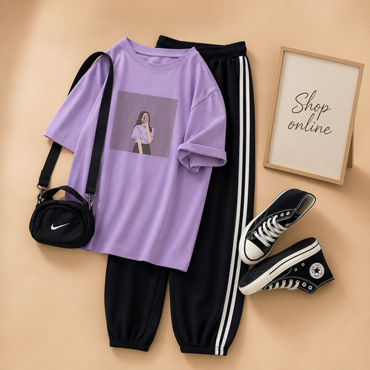 PURPLE BACKGROUND GIRL LILAC TSHIRT WITH THREE STRIPE TROUSER