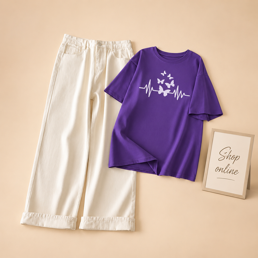 PURPLE TSHIRT ( BUTTERFLY VEIN) WITH WHITE WIDE LEG JEANS