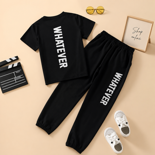 BLACK TSHIRT WHATEVER WITH BLACK TROUSER  WHATEVER
