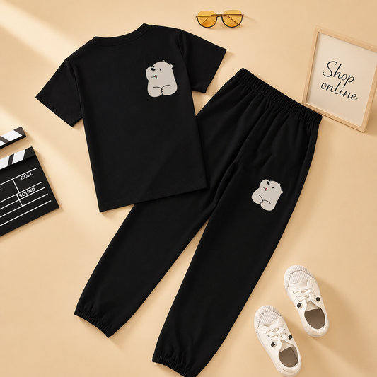 BLACK TSHIRT ICE BEAR POCKET WITH BLACK TROUSER  ICE BEAR POCKET