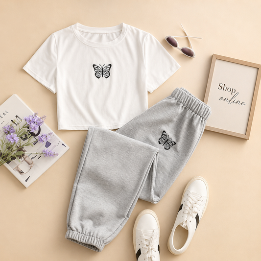 BLACK BUTTERFLY POCKET SIZE IN CENTRE WHITE CROP TSHIRT WITH GREY TROUSER BLACK BUTTERFLY POCKET
