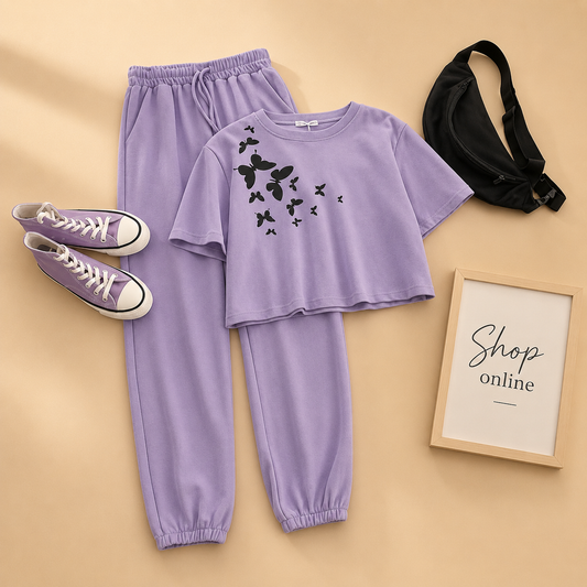 SHOULDER BUTTERFLIES LILAC CROP TSHIRT WITH LILAC TROUSER