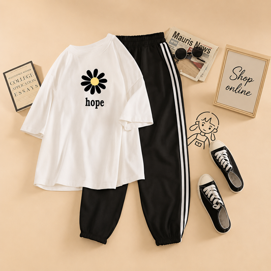HOPE SUNFLOWER  WHITE TSHIRT WITH THREE STRIPE TROUSER