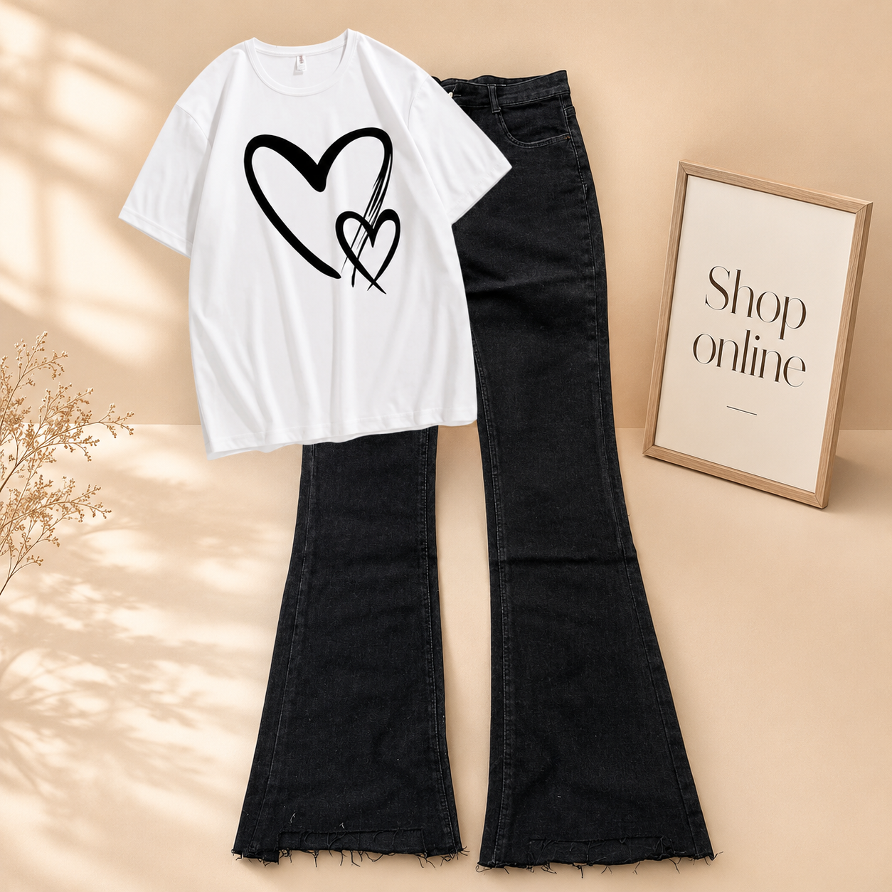 WHITE TSHIRT ( HEART IN HEART) WITH BLACK BELL BOTTOM JEANS